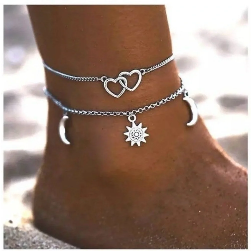 NEW Layered Silver Heart Moon Sun Star Anklet Set